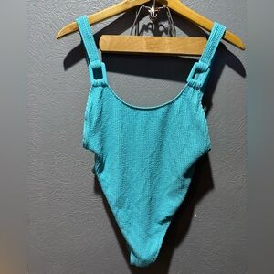 Aerie One Piece Cheekiest Swimsuit Buckle Blue Crinkle Ring Scoop Neck NWT L
